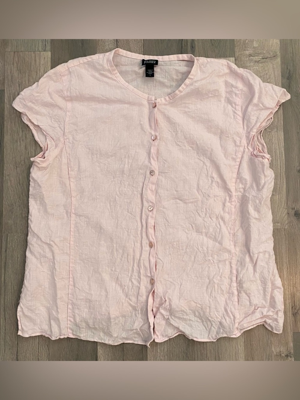 Eileen Fisher Irish Linen Short Sleeve Button Down, Pink, Size L